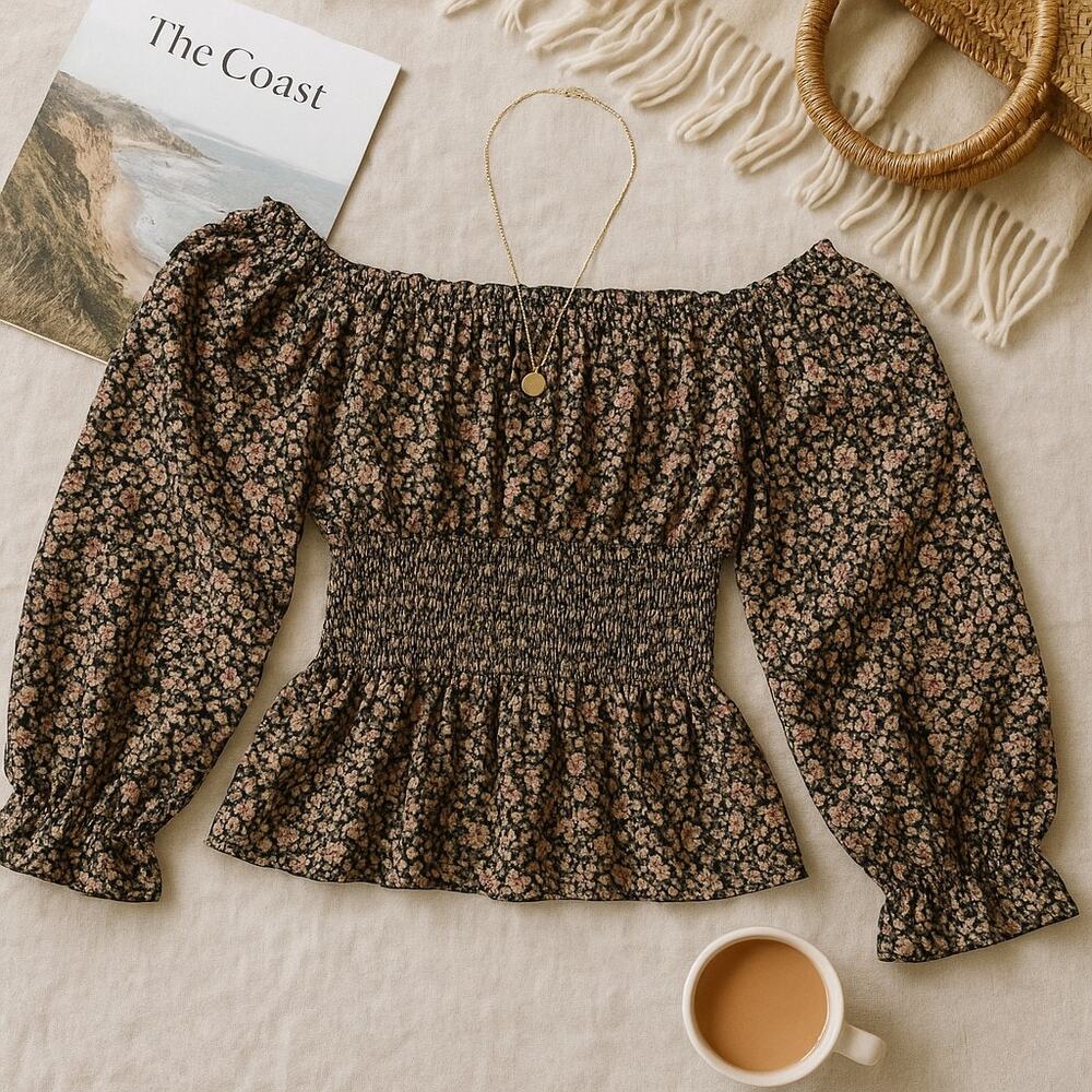 Anthropologie Lucia Smocked Off The Shoulder Chiffon Top Black Floral Womens XS